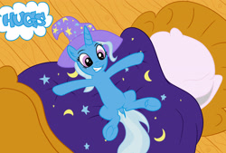 Size: 3491x2354 | Tagged: safe, artist:waffleberry, character:trixie, species:pony, species:unicorn, bed, blanket, bronybait, clothing, dialogue, dock, female, frog (hoof), hat, hug request, hugs needed, mare, on back, pillow, smiling, solo, trixie's hat, underhoof