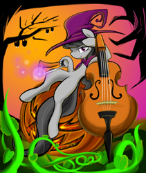 Size: 910x1080 | Tagged: safe, artist:pupupu6000, character:octavia melody, species:bat, species:earth pony, species:pony, cello, costume, female, halloween, holiday, jack-o-lantern, mare, musical instrument, pumpkin, solo, witch