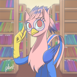 Size: 1280x1280 | Tagged: safe, artist:plebenant, oc, oc only, oc:vivian iolani, species:classical hippogriff, species:hippogriff, female, glasses, library, solo