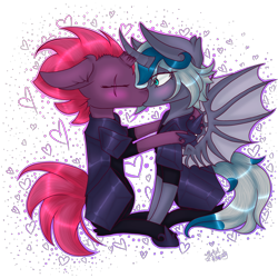 Size: 3850x3850 | Tagged: safe, artist:zombiecupcake101, character:fizzlepop berrytwist, character:tempest shadow, oc, oc:elizabat stormfeather, species:alicorn, species:bat pony, species:pony, species:unicorn, my little pony: the movie (2017), armor, bat pony alicorn, bat pony unicorn, blushing, broken horn, canon x oc, curved horn, eye scar, eyes closed, female, heart, hug, kissing, lesbian, scar, shipping, simple background, spread wings, stormshadow, transparent background, wingboner, wings