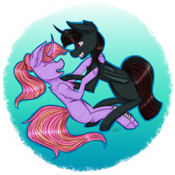 Size: 3850x3850 | Tagged: safe, artist:zombiecupcake101, oc, oc only, oc:glitter shine (ice1517), oc:night rose (ice1517), species:alicorn, species:bat pony, species:pony, species:unicorn, alicorn oc, bat pony alicorn, bedroom eyes, curved horn, eyes closed, fangs, female, leg warmers, lesbian, mare, oc x oc, shipping, tattoo, tickle fight, tickling
