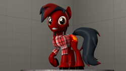 Size: 1920x1080 | Tagged: safe, artist:obsidianocelot, oc, oc only, oc:twinny, species:earth pony, species:pony, 3d, clothing, male, red and black oc, shirt, smiling, solo, stallion