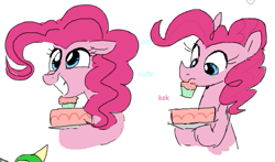 Size: 501x294 | Tagged: safe, artist:hattsy, artist:pochatochek, character:pinkie pie, species:earth pony, species:pony, 2 panel comic, cake, comic, cupcake, female, flockmod, food, looking down, mare, plate, smiling, solo, sticky