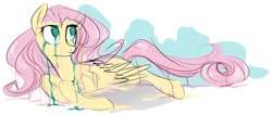 Size: 604x257 | Tagged: safe, artist:pochatochek, character:fluttershy, species:pony, color loss, crying, female, looking away, looking up, prone, smudge, solo, stain, teary eyes