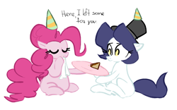 Size: 950x593 | Tagged: safe, artist:pochatochek, character:pinkie pie, oc, oc:hattsy, species:pony, cake, clothing, dialogue, food, hat, napkin, party hat, plate, sitting, top hat