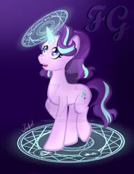 Size: 600x776 | Tagged: safe, artist:missanimegrl, character:starlight glimmer, species:pony, species:unicorn, female, glyph, gradient background, hilarious in hindsight, magic, magic circle, solo, watermark