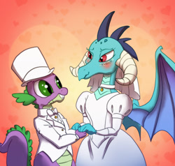 Size: 1024x976 | Tagged: safe, artist:fluffygriffonbutt, character:princess ember, character:spike, species:dragon, ship:emberspike, blushing, bride, clothing, dress, female, heart, heart eyes, holding hands, looking at each other, male, marriage, shipping, smiling, spread wings, straight, wavy mouth, wedding, wedding dress, wedding veil, wingding eyes, wings