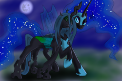 Size: 3000x2000 | Tagged: safe, artist:facelessguru, character:nightmare moon, character:princess luna, character:queen chrysalis, species:alicorn, species:changeling, species:pony, ship:chrysmoon, annoyed, changeling queen, cute, cutealis, eyes closed, female, frown, glare, lesbian, mare in the moon, moon, moonabetes, night, nuzzling, raised hoof, shipping, smiling