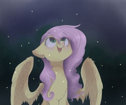 Size: 2400x2000 | Tagged: safe, artist:wacky-skiff, character:fluttershy, chest fluff, ear fluff, female, firefly, floppy ears, looking at something, looking up, night, open mouth, sitting, smiling, solo, spread wings, wings