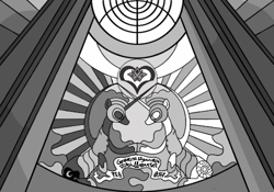 Size: 500x350 | Tagged: safe, artist:dantheman, fanfic:chrysalis visits the hague, black and white, canterlot, canterlot castle, castle, ceiling, crown, equestrian, fanfic, fanfic art, fimfiction, fimfiction.net link, glass, grayscale, heart, hoofbump, jewelry, monochrome, palace, pillar, regalia, royal guard, scroll, stained glass, window, writing