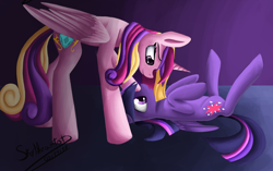 Size: 1980x1240 | Tagged: safe, artist:xskytheartist, character:princess cadance, character:twilight sparkle, character:twilight sparkle (alicorn), species:alicorn, species:pony, ship:twidance, female, lesbian, on back, shipping