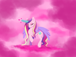Size: 1600x1200 | Tagged: safe, artist:serra20, character:princess cadance, species:alicorn, species:pony, beautiful, eyes closed, female, glowing horn, heart, magic, pink, raised hoof, solo, spread wings, wings