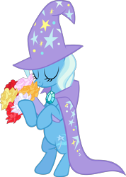 Size: 2850x4000 | Tagged: safe, artist:spaceponies, character:trixie, species:pony, species:unicorn, bipedal, bouquet, cape, clothing, eyes closed, female, flower, hat, high res, mare, simple background, smiling, solo, transparent background, trixie's cape, trixie's hat, vector
