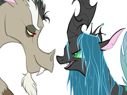 Size: 1280x960 | Tagged: safe, artist:precosiouschild, character:discord, character:queen chrysalis, ship:discolis, female, male, shipping, straight