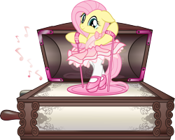 Size: 3998x3220 | Tagged: dead source, safe, artist:nxzc88, character:fluttershy, species:pegasus, species:pony, ballerina, bipedal, bondage, bondage cuffs, bondage gear, clothing, cuffs, dress, female, flutterina, high res, hilarious in hindsight, lock, music box, music notes, pantyhose, platform shoes, restrained, simple background, smiling, solo, transparent background, unsexy bondage, vector