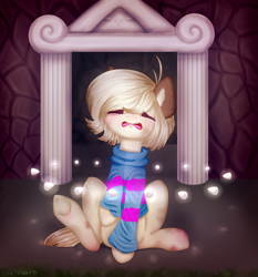 Size: 2891x3107 | Tagged: safe, artist:pony-ellie-stuart, species:earth pony, species:pony, clothing, commission, crossover, eyes closed, friendliness pellets, frisk, implied flowey the flower, ponified, scared, sitting, solo, underhoof, undertale, ych result