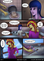 Size: 800x1120 | Tagged: safe, artist:g-glory, character:sunset shimmer, character:twilight sparkle, comic:up late, ship:sunsetsparkle, my little pony:equestria girls, cabinet, clothing, comic, dialogue, dishes, female, food, kitchen, lesbian, pajamas, pancakes, shipping, speech bubble, stove, window