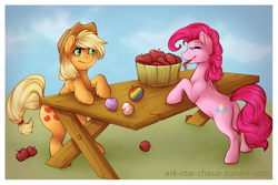 Size: 1000x667 | Tagged: safe, artist:vella, character:applejack, character:pinkie pie, species:pony, apple, female, food, paintbrush, plot