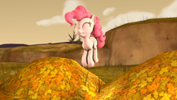 Size: 1920x1080 | Tagged: safe, artist:barpy, character:pinkie pie, species:earth pony, species:pony, 3d, ^^, autumn, cute, energy, eyes closed, female, flying, grin, happy, jumping, raised tail, smiling, solo, source filmmaker, tail