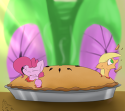 Size: 2530x2250 | Tagged: safe, artist:skyresonance, character:applejack, character:gummy, character:pinkie pie, species:pony, apple, apple pie, food, high res, micro, pie, pun, visual gag