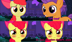 Size: 1048x611 | Tagged: safe, artist:mrerzebra92, character:apple bloom, character:tender taps, ship:tenderbloom, apple bloom in love, comic, female, male, shipping, spanish, straight, translated in the description