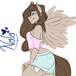 Size: 1280x1280 | Tagged: safe, artist:sarah-loves-christmas, oc, oc only, oc:nala, species:anthro, species:pegasus, species:pony, anthro oc, clothing, daisy dukes, female, jewelry, mare, midriff, shirt, shorts, solo