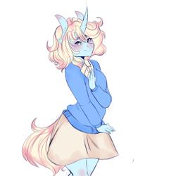 Size: 1280x1280 | Tagged: safe, artist:sarah-loves-christmas, oc, oc only, oc:strawberry ice, species:anthro, species:pony, species:unicorn, anthro oc, blushing, clothing, cute, female, looking at you, mare, moe, ocbetes, shirt, short skirt, skirt, solo, sweater