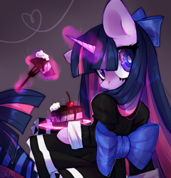 Size: 1438x1499 | Tagged: safe, artist:angrygem, character:twilight sparkle, character:twilight sparkle (unicorn), species:pony, species:unicorn, anarchy stocking, blue mane, blue tail, cake, cherry, clothing, cosplay, costume, dress, eyelashes, female, food, fork, goth, horn, levitation, long mane, long tail, looking away, magic, mare, multicolored hair, panty and stocking with garterbelt, pink mane, pink tail, plate, purple mane, purple tail, ribbon, solo, stockings, tail, telekinesis, thigh highs