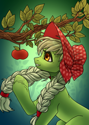 Size: 1274x1777 | Tagged: safe, artist:miioko, character:granny smith, species:earth pony, species:pony, adorasmith, apple, apple tree, bonnet, braid, cute, female, food, mare, solo, tree, tree branch, unshorn fetlocks, wingding eyes, young granny smith