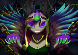 Size: 5000x3500 | Tagged: safe, artist:kickassking, character:princess cadance, species:anthro, species:pony, absurd resolution, chains, corruptance, corrupted, corrupted cadance, crystal empire, crystal throne room, dark magic, dark queen, evil, evil cadance, evil grin, female, glowing eyes, glowing horn, grin, horn, magic, mare, possessed, queen cadance, smiling, solo, sombra eyes, throne room, tyrant cadance