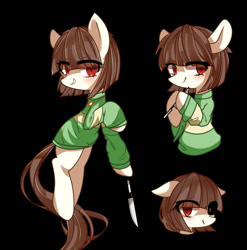 Size: 978x990 | Tagged: safe, artist:alus, species:pony, chara, knife, ponified, red eyes, simple background, undertale, xk-class end-of-the-world scenario