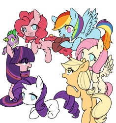 Size: 968x1024 | Tagged: safe, artist:alus, character:applejack, character:fluttershy, character:pinkie pie, character:rainbow dash, character:rarity, character:spike, character:twilight sparkle, species:dragon, cute, eye clipping through hair, mane seven, mane six, no pupils, one eye closed, open mouth, simple background, transparent background, wink