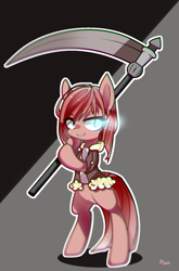 Size: 1064x1610 | Tagged: safe, artist:alus, character:pinkamena diane pie, character:pinkie pie, alternate costumes, alternate hairstyle, bipedal, clothing, female, jacket, pixiv, scythe, solo