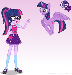Size: 3751x3889 | Tagged: safe, artist:wawtoons, character:twilight sparkle, character:twilight sparkle (alicorn), character:twilight sparkle (scitwi), species:alicorn, species:eqg human, species:pony, my little pony:equestria girls, bow tie, clothing, glasses, human ponidox, mary janes, my little pony logo, pointing, ponidox, ponytail, self ponidox, shoes, skirt, socks, twolight, vector, wings