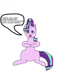 Size: 1304x1572 | Tagged: safe, artist:red-supernova64, character:starlight glimmer, begging, cute, female, gimp, meta, sad, sitting, solo