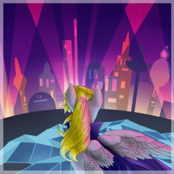 Size: 2000x2000 | Tagged: safe, artist:evakulisreal, character:derpy hooves, species:pegasus, species:pony, city, clothing, derpfest, female, mare, retrowave, solo, spread wings, wings