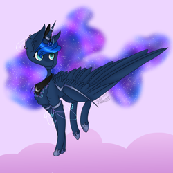 Size: 3850x3850 | Tagged: safe, artist:zombiecupcake101, character:princess luna, species:alicorn, species:pony, big wings, crown, female, jewelry, mare, regalia, signature, smiling, solo, wings