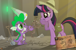 Size: 1500x1000 | Tagged: safe, artist:sunyup, character:spike, character:twilight sparkle, species:dragon, species:pony, species:unicorn, clothing, dinosaur, female, fossil, grin, hat, male, mare, paleontologist, paleontology, pith helmet, saddle bag, shovel, smiling, undead