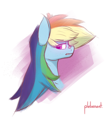 Size: 1524x1677 | Tagged: safe, artist:plebenant, character:rainbow dash, bandaid, bust, female, gritted teeth, looking at you, looking sideways, portrait, profile, solo