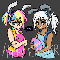 Size: 789x779 | Tagged: safe, artist:moonabelle, oc, oc only, oc:firework, oc:silvery snowcloud, parent:double diamond, parent:firefly, parent:night glider, parent:surprise, parents:fireprise, parents:nightdiamond, species:human, bunny ears, easter, easter egg, humanized, magical lesbian spawn, offspring