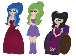 Size: 2074x1537 | Tagged: safe, artist:sketchydesign78, oc, oc only, oc:graceful stroke, oc:melody shine, oc:sketchy design, my little pony:equestria girls, alternate hairstyle, armband, blushing, bracelet, clothing, cute, dress, ear piercing, earring, friendship, jewelry, necklace, pearl necklace, piercing, ponytail, ponytails, prom, shy, simple background, transparent background, vector, wheelchair
