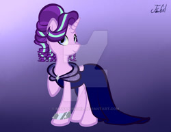 Size: 600x464 | Tagged: safe, artist:missanimegrl, character:starlight glimmer, species:pony, species:unicorn, alternate hairstyle, clothing, dress, female, gala dress, gradient background, raised hoof, smiling, solo, watermark