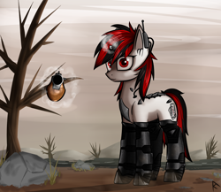 Size: 1500x1300 | Tagged: safe, artist:radinance, artist:thestive19, oc, oc only, oc:blackjack, species:pony, species:unicorn, fallout equestria, fallout equestria: project horizons, cyborg, fanfic, fanfic art, female, glowing horn, gun, hooves, horn, level 2 (project horizons), levitation, magic, mare, shooty look, small horn, solo, telekinesis, wasteland, weapon