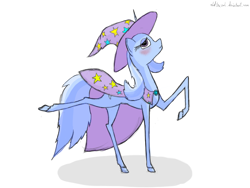 Size: 800x600 | Tagged: safe, artist:oldteaowl, character:trixie, species:pony, blushing, cape, clothing, female, hat, raised hoof, raised leg, solo, trixie's cape, trixie's hat
