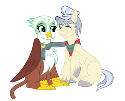 Size: 1024x822 | Tagged: safe, artist:rosequartz1, character:greta, character:john bull, species:griffon, species:pony, crack shipping, female, gretabull, interspecies, male, one eye closed, shipping, simple background, sitting, straight, white background, wink