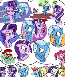 Size: 2000x2380 | Tagged: safe, artist:kemofoo, character:applejack, character:fluttershy, character:pinkie pie, character:rainbow dash, character:rarity, character:starlight glimmer, character:trixie, character:twilight sparkle, character:twilight sparkle (alicorn), species:alicorn, species:pony, episode:all bottled up, g4, my little pony: friendship is magic, anger magic, cinnamon nuts, cup, floppy ears, food, magic, mane six, teacup, teacup poodle, that pony sure does love teacups, trixie's puppeteering