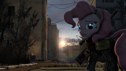Size: 1024x576 | Tagged: safe, artist:vinuldash, character:pinkie pie, species:pony, 3d, building, chernobyl, city, female, pripyat, rainbow, solo, sun, weapon