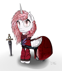 Size: 1280x1477 | Tagged: safe, artist:tlmoonguardian, oc, oc:astrum, species:alicorn, species:pony, ambient.prologue, ambient.white, clothing, female, looking at you, mare, not celestia, simple background, solo, sword, transparent background, weapon, younger