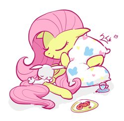 Size: 1274x1241 | Tagged: safe, artist:soshyqqq, character:angel bunny, character:fluttershy, species:pegasus, species:pony, species:rabbit, angelbetes, cookie, cute, duo, eyes closed, food, pillow, shyabetes, sleeping, tea