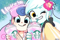 Size: 700x467 | Tagged: safe, artist:rikuta, character:bon bon, character:lyra heartstrings, character:sweetie drops, my little pony:equestria girls, clothing, drink, duo, grin, hoodie, smiling, starbucks, unicorn frappuccino